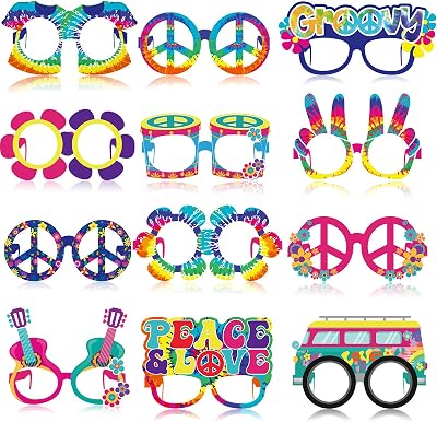 Pajean 36 Pcs 60s Party Decorations 60s Photo Booth Prop 60 Hippie Themed Eyeglasses Paper Glasses Frame Tie Dye Groovy Peace Love Themed Favor for 60s Hippie Birthday Party Favor Supplies