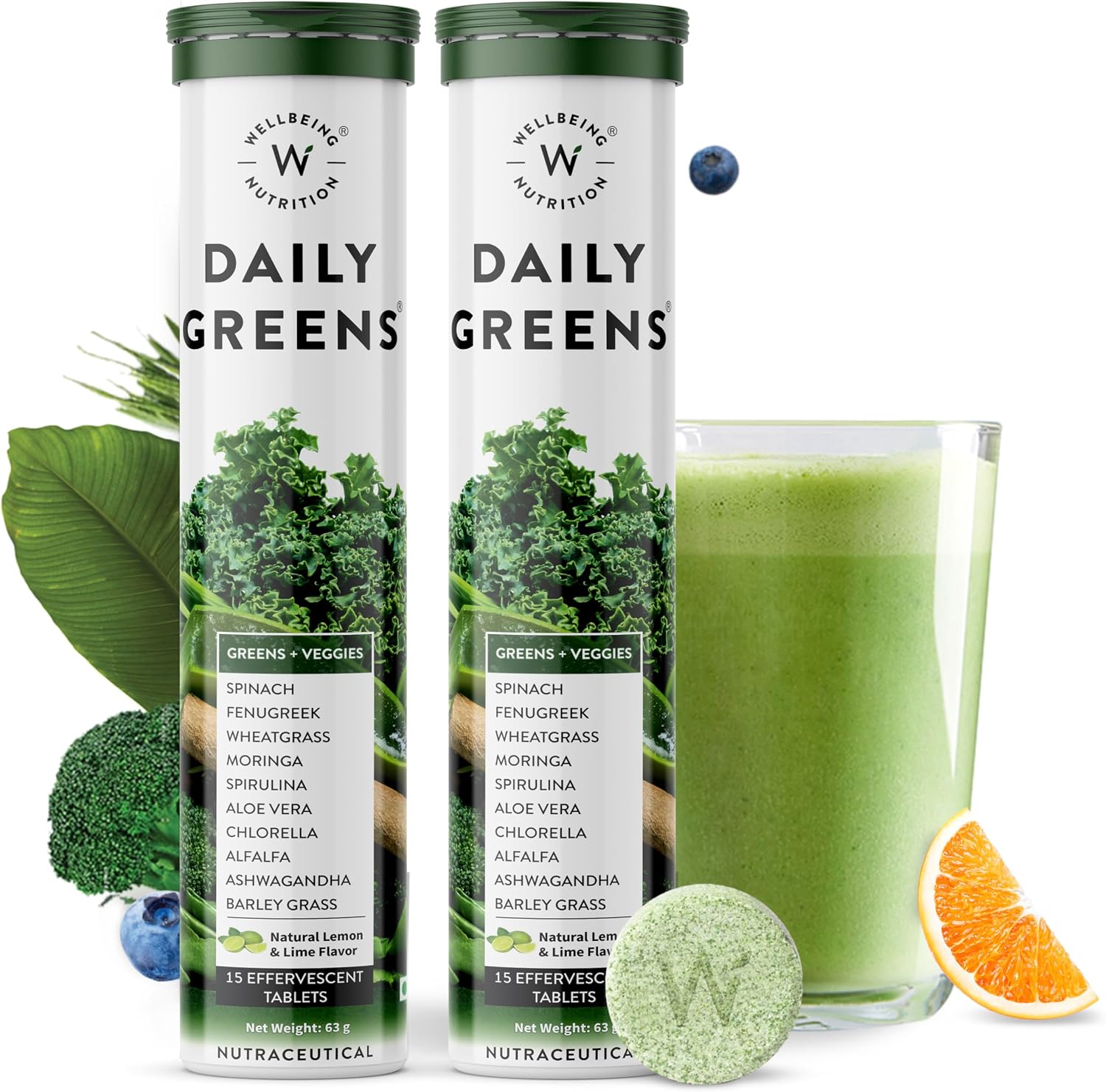 WELLBEING NUTRITION Daily Greens, Wholefood Multivitamin with Vitamin C, Zinc, B6, B12 for Immunity and Detox with 39 Organic Certified Plant Superfoods & Antioxidants15Tabs x 2 63 g Pack of 2