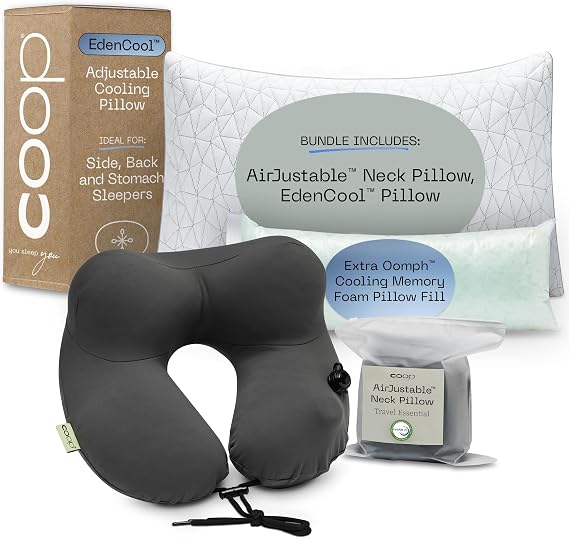 Coop Home Goods AirJustable Travel Neck Pillow and Eden Pillow Queen Bundle