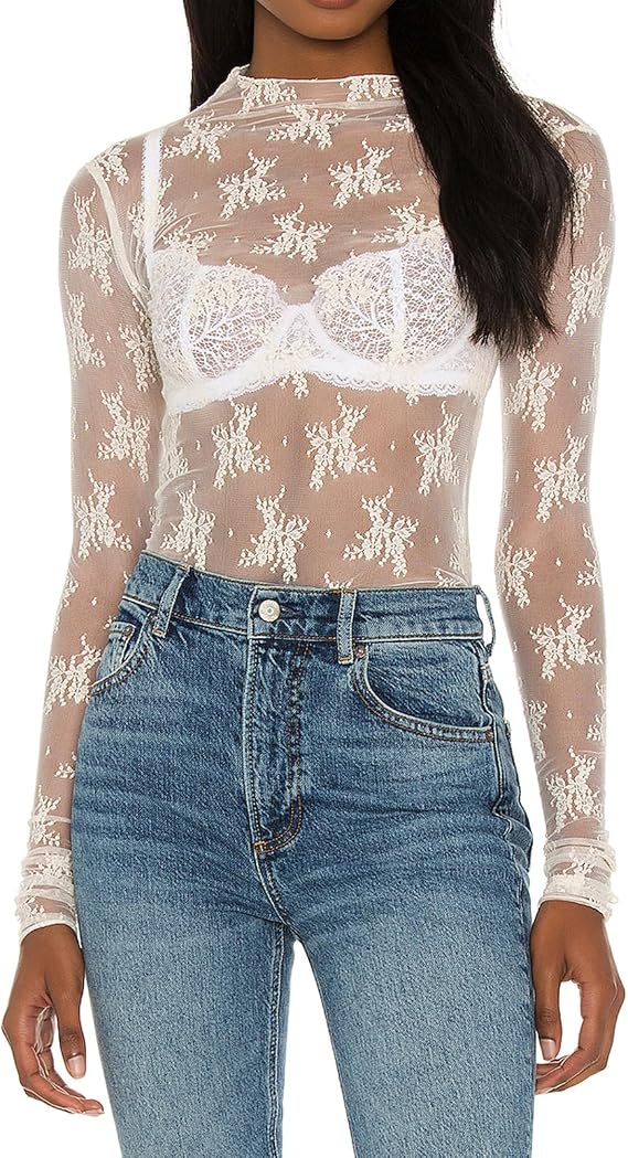 Womens Sheer Lace Long Sleeve Layering Top Mock Neck Floral Lace Undershirt Mesh See Through Shirts Clubwear