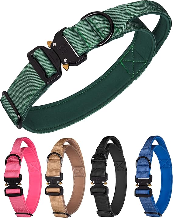 Tactical Dog Collar for Medium Large Dogs, Heavy Duty Dog Collars with Handle, Metal Buckle Dog Training Collar, Thick Military Large Dog Collar for Male. (M, Green)