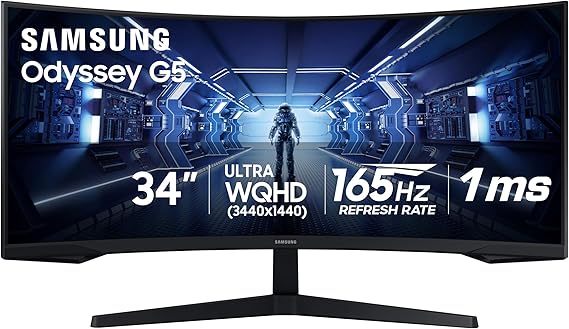 Samsung 34 Odyssey G5 Ultra-Wide Gaming Monitor with 1000R Curved Screen, 165Hz, 1ms, FreeSync Premium, Large Display, Eye Comfort, Multiple Ports, WQHD, LC34G55TWWNXZA, Black