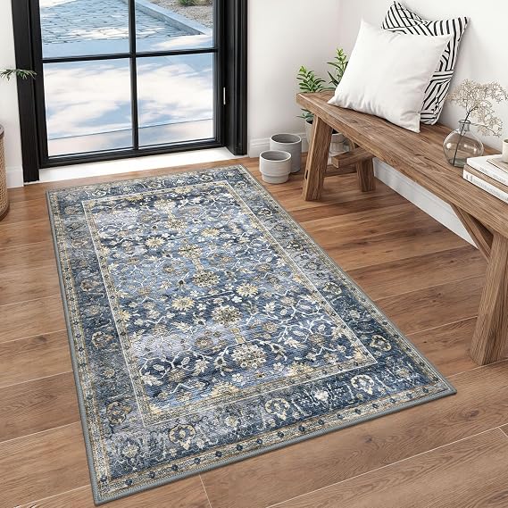 KUTA Vintage Floral 3x5 Entryway Rug Washable Area Rug Blue Grey Beige