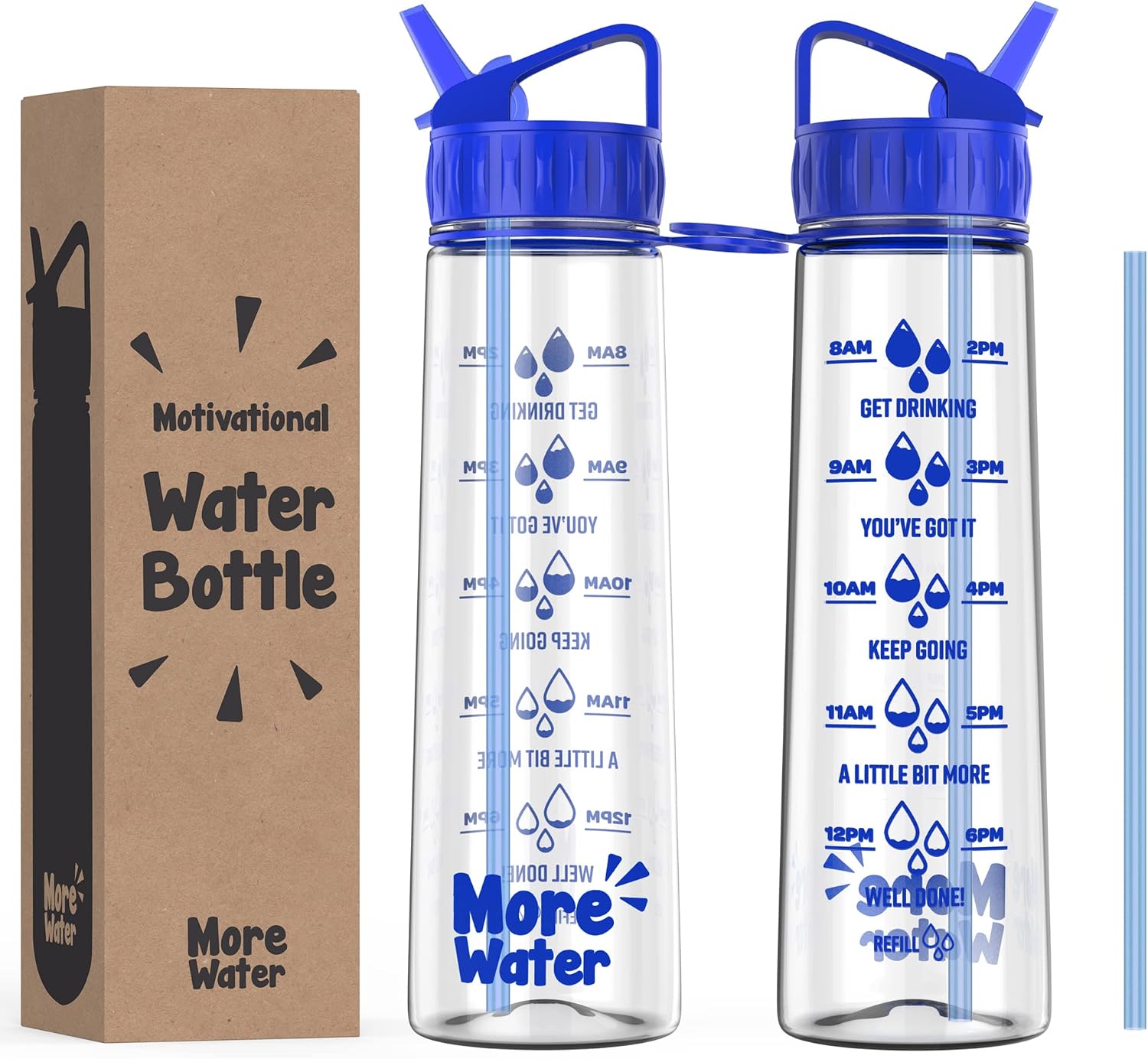 More Water Bottle With Straw, Motivational Time Markings 900ml - Drinking Tracker Bottles - Times to Drink - BPA Free Sports Bottles