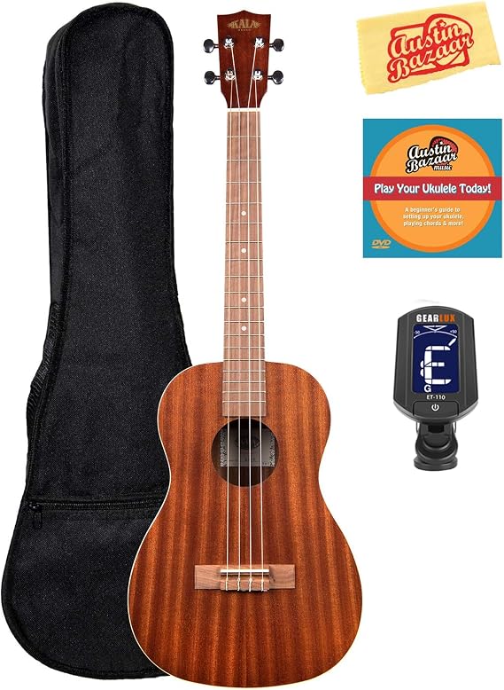 Kala KA-B Satin Mahogany Baritone Ukulele Bundle with Gig Bag, Tuner, Austin Bazaar Instructional DVD, and Polishing Cloth