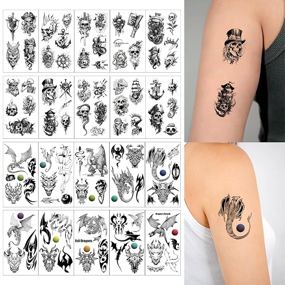 Pirate Skull Temporary Tattoo for Kids, Black Wings Dragon Tattoos, Skeleton Anchor Fake Tattoos, Waterproof Realistic Black Viking Tribal Totem Tattoo for Boy Girls Body Art Decor Stickers 769