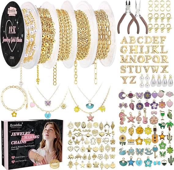 Ecoofor 18K Gold Jewelry Making Kit with Gift Box - 16.6ft 5 Rolls DIY Bracelet & Necklace Chains with 136 Pendants, Jump Rings, Lobster Clasps, Jewelry Pliers & Charm Making Kit, Christmas Gift