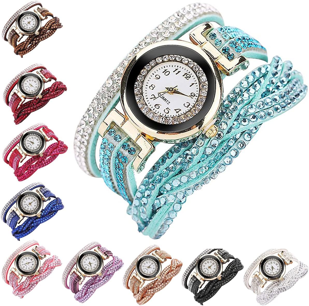 CdyBox Fashion Rhinestone Watch Twine Bracelet Women Luxury Quartz Wrist Watches Ladies Dress Watches10 Pack