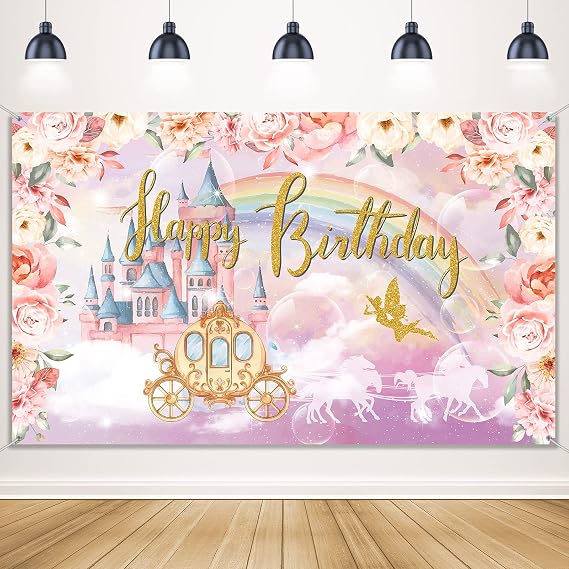 Tatuo Happy Birthday Banner Pink Princess Birthday Decorations for Women Girls Princess Theme Backdrop Party Decorations Gold Pink Castle Crown Floral Photography