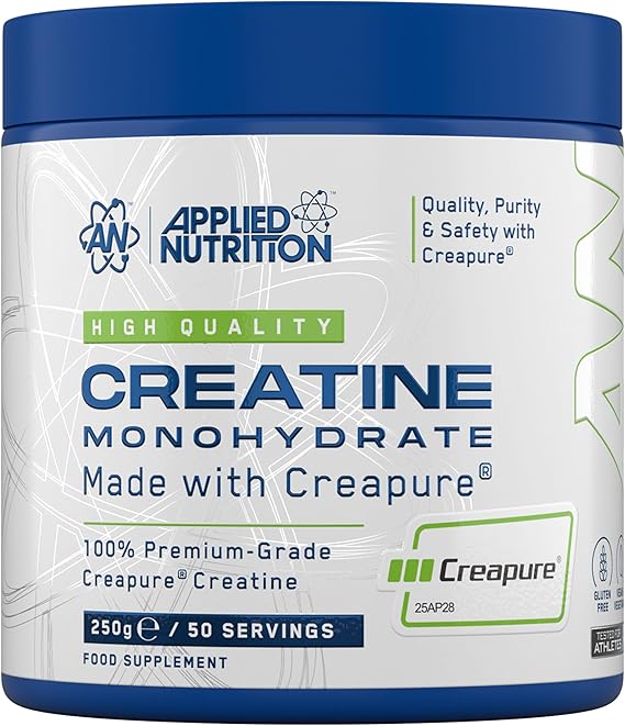 Applied Nutrition – Creatine Monohydrate – Made with Creapure® – Best Premium-Grade Creatine – Best Performance & Strength Support – Increased Energy & Endurance – (250g – 50 Servings) (Unflavoured)
