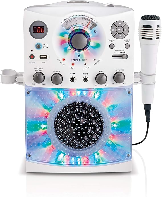 Singing Machine SML385UBK Bluetooth Karaoke System with LED Disco Lights, CD+G, USB and Microphone - White