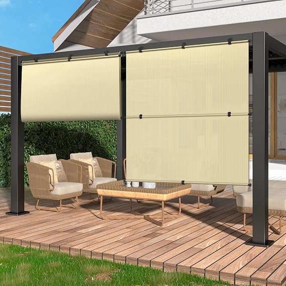 Coarbor Outdoor Roller Shades 4'W x 5'H Porch Sun Shades Outdoor Roll Up Blinds for Patio Porch Gazebo Balcony Backyard, Beige