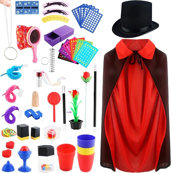 32 Pcs Kids Magic Costume Kit Children Magician Costume Accessories Include Magician Hat Cape Wand Magic Tricks Frustration for Magic Tricks Games