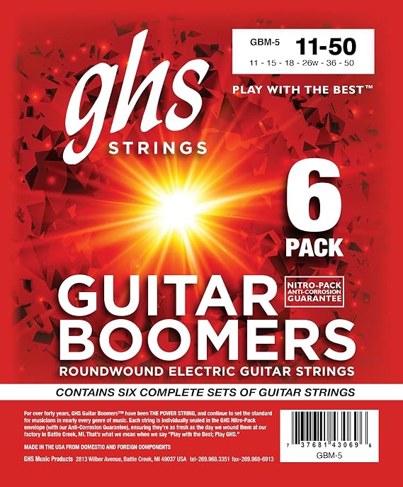 GHS Strings, GBM Boomers, Nickel Plated Steel Electric Guitar Strings, Legendary Strength, Consistent Intonation, Long Lasting Brightness, Tone & Sustain. For 6-String Guitar, 11-50 Med. Gauge, 6 Pack