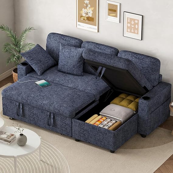 Corner Sofa Bed, L Shaped Pull Out Sleeper Sectional Couch Bed with USB & Type-C Ports, 3 in 1 Convertible Sofa Bed with Storage Chaise and 2 Cup Holders, 3 Seater Sofa Couch for Living Room, Blue