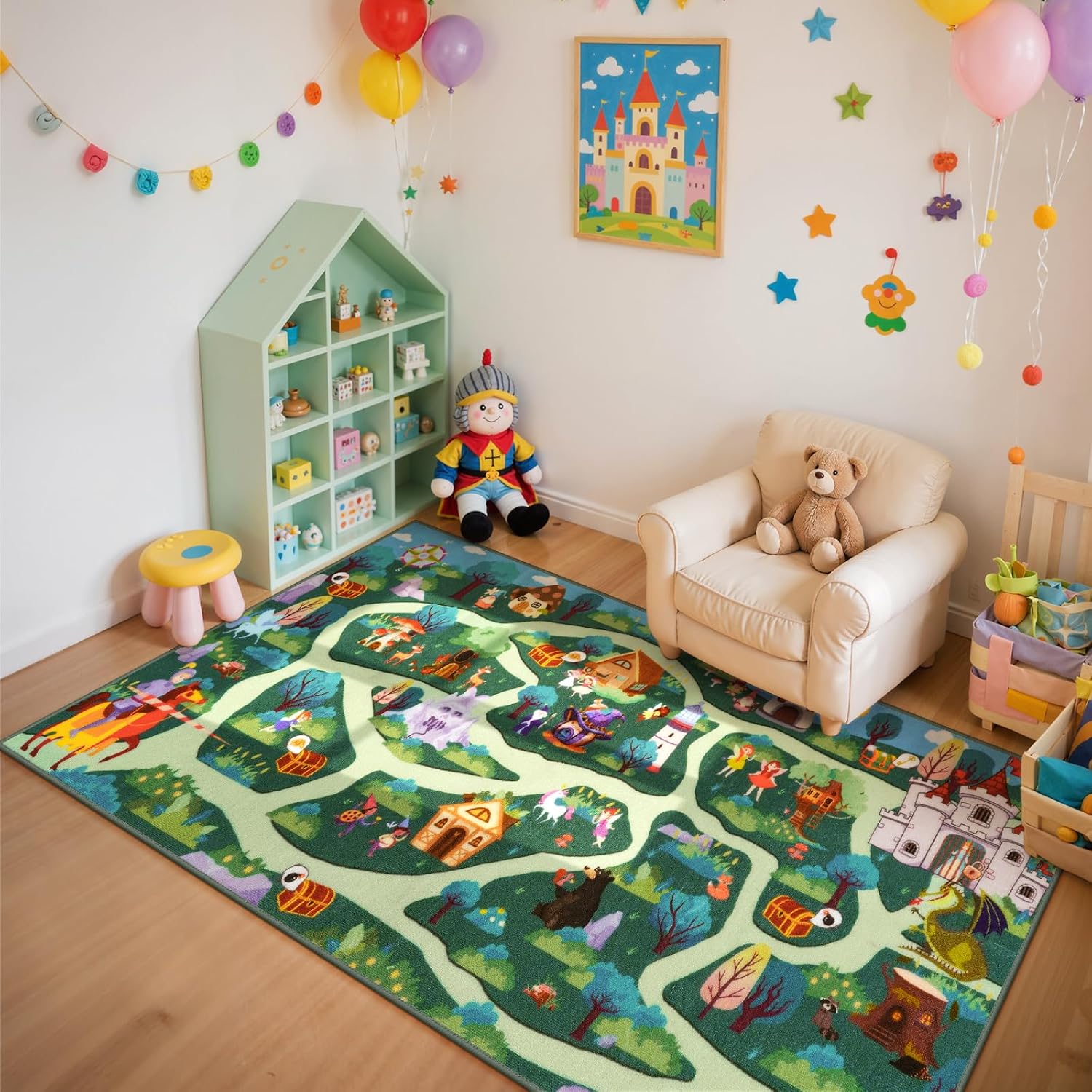 LIVEBOX Whimsical Washable Kids Carpet Playmat Rug for Boys Play Room, Baby Fun Learning Road Rug for Kids Baby Toddler, Non-Slip Forest Road Rugs for Toddler Room Bedroom Classroom, 79 x 39, Green
