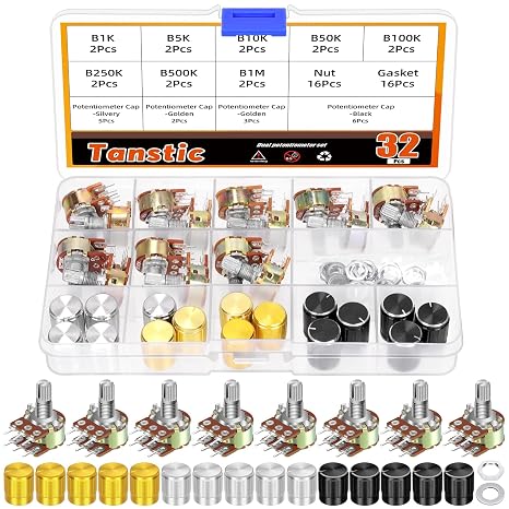 Tanstic 16 Sets B1K-B1M Potentiometer Linear Taper Rotary Potentiometer B Type Potentiometer with Knobs, Nuts and Washers