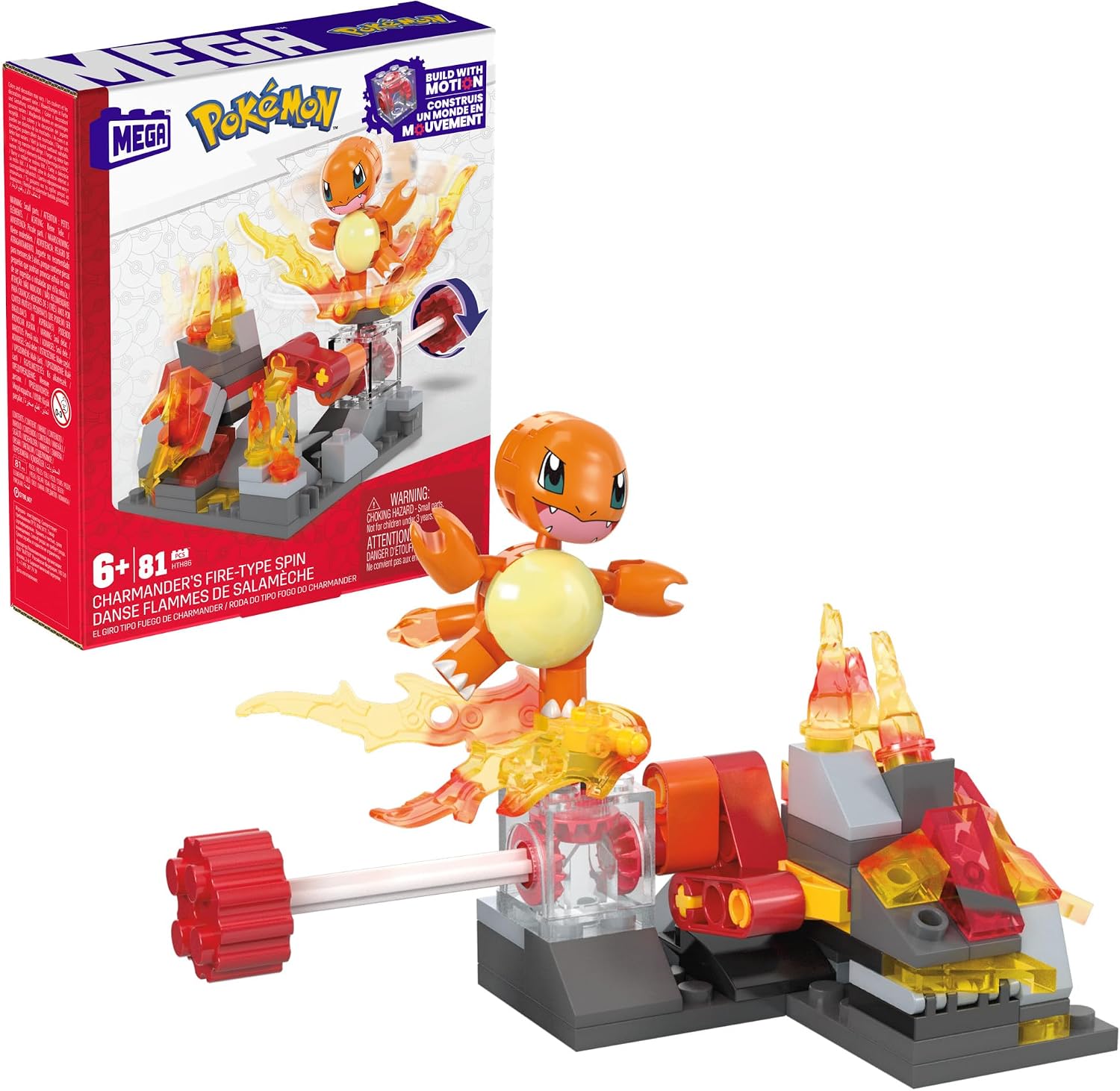 Mega brands Pokemon Action Figure Building Toys, Charmander's Fire Type Spin, 81 Pieces, 1 Doable Character and Return Movement, For Kids