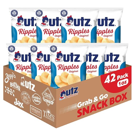 Utz Ripples Original Crispy Chips Made from Fresh Potatoes, 42 Count, Crunchy Individual Snacks to Go, Gluten Free Snacks