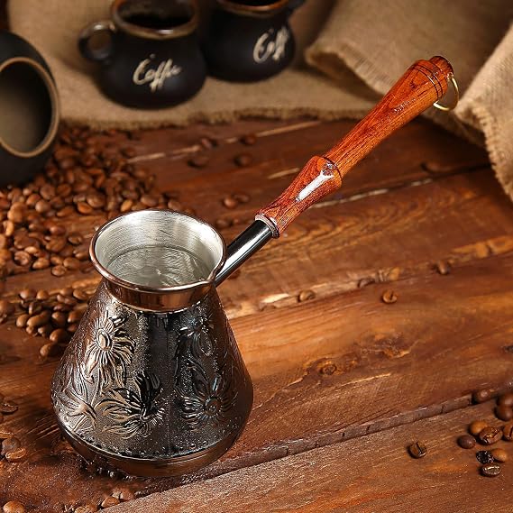 17 Oz Copper Turkish Greek Arabic Engraved Coffee Pot Stovetop Coffee Maker Cezve Ibrik Briki with Wooden Handle