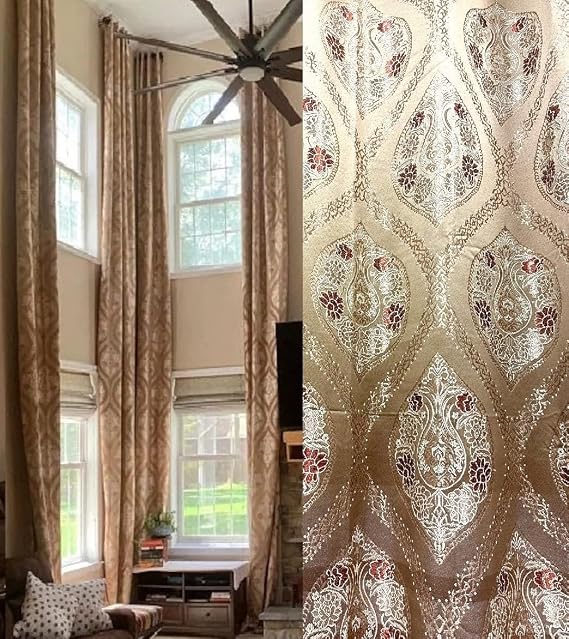 Ikiriska Extra Long Jacquard with Patterns Curtains 10-20 ft Drapes (Copper with Gold, 50Wx096L)
