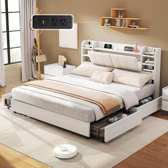 LUXOAK King Size Bed Frame with Bookcase Storage Headboard & 4 Drawers, Upholstered Padded Platform Bed with Charging Station, Metal Bed Frame with Storage, No Box Spring Needed, Rustic White