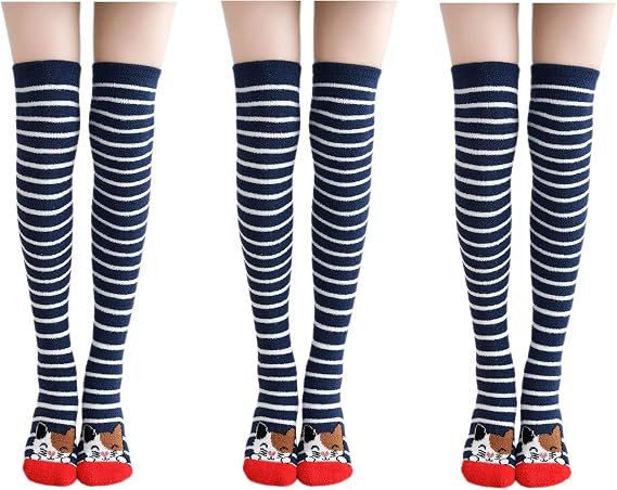 Fuzzy Knee High Cat Socks Long Boot Socks Cute Gifts for Cat Lovers Women Fluffy Cozy Thigh Stockings
