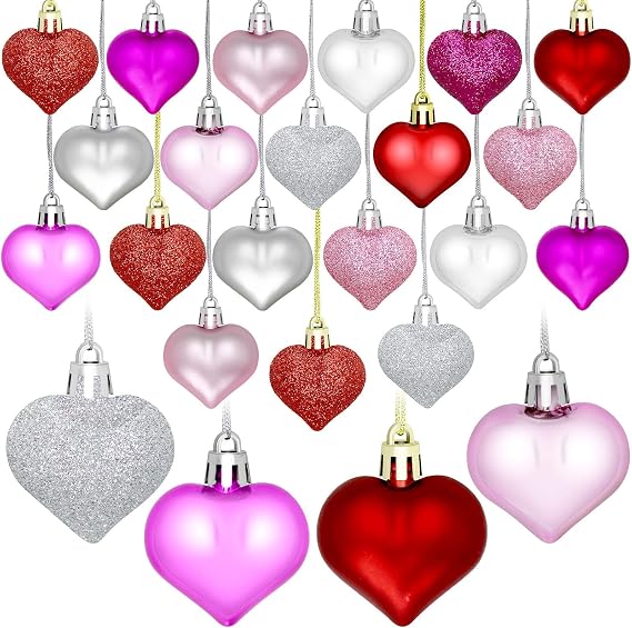 48 Pieces Valentine's Day Heart Baubles Ornaments Valentine's Day Heart Shaped Ornaments for Valentine's Day Decoration or Wedding Anniversary Party Supplies, 4 Colors in 3 Styles