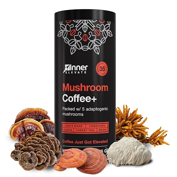 Inner Elevate Mushroom Coffee Superfood with 5 Adaptogenic Mushrooms - Upgraded Coffee Alternative with Half Caffeine - Arabica with Lion's Mane, Cordyceps, Chaga, Reishi, Turkey Tail, and L-Theanine (35 Servings)