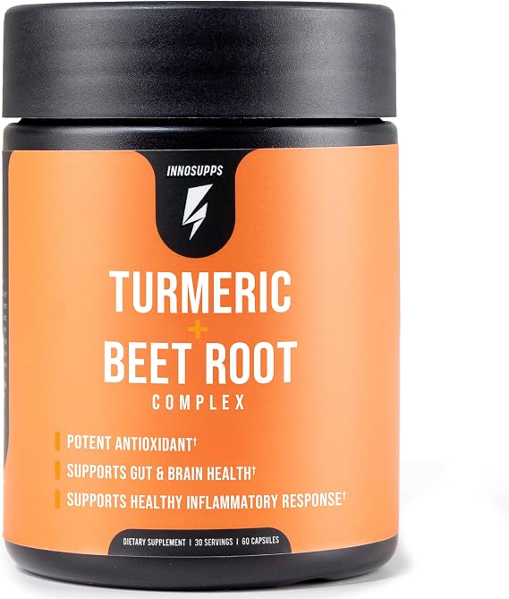 Inno Turmeric + Beet Root - Curcumin Turmeric Powder with Black Pepper & Beet Root Supplement - Supports Digestive Health, Circulation, Bone & Brain Health, Energy and Daily Wellness (60 Capsules)