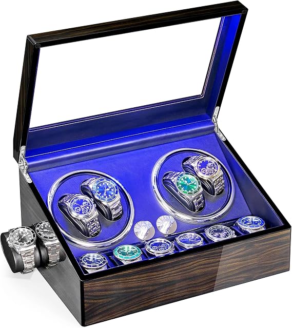 ANWBROAD Watch Winder for Automatic Watches 4 Watch Winder Piano Paint | 4 Watch Rotator and 6 Extra Storages with Super Quiet Motor LED Backlight Watch Shaker 4 Rotating Modes UJWW002E