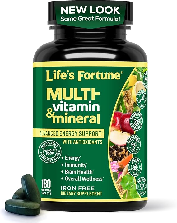 Life's Fortune Whole Food Multivitamin & Mineral Supplement for Men & Women Energy Support Vitamins for Immune, Brain & Metabolism Support Iron Free, 180 Vegetarian Tablets