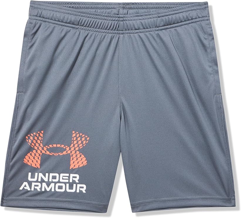 Under Armour Boys Tech Logo Shorts, (025) Castlerock/White/Fire, Medium Plus