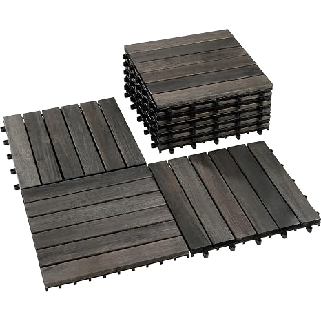 PrimeZone 9 PCS Solid Acacia Wood Interlocking Patio Deck Tiles Outdoor