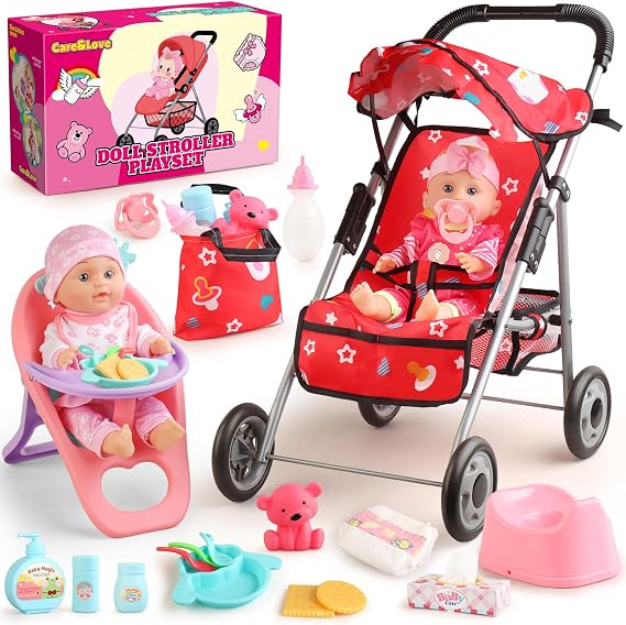 Baby Doll Stroller Set, 12.5" Baby Doll with Doll Accessories & 2 Clothes