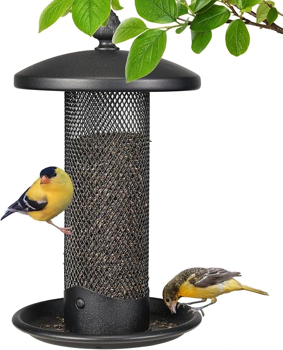 Veehoo Finch Feeder for Outdoors Hanging, Thistle Bird Feeders with Metal Mesh for Cardinal Nyjer Seed, Small Tube Wild Bird Feeders with Weatherproof Roof for Outdoor, Black