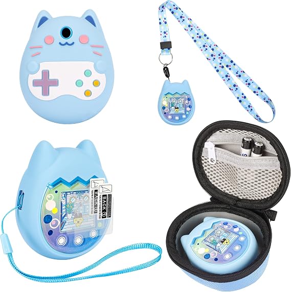 Carrying Case and Silicone Cover Compatible with Tamagotchi Pix Virtual Pet Game Machine, (5-in-1) Silicone Cover for Tamagotchi Pix, with Finger