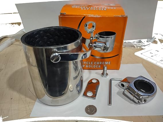 Chrome Motorcycle Cup Holder with Adjustable Mounting Clamp and Foam Fitting for 1 1/4" Clamp, Black