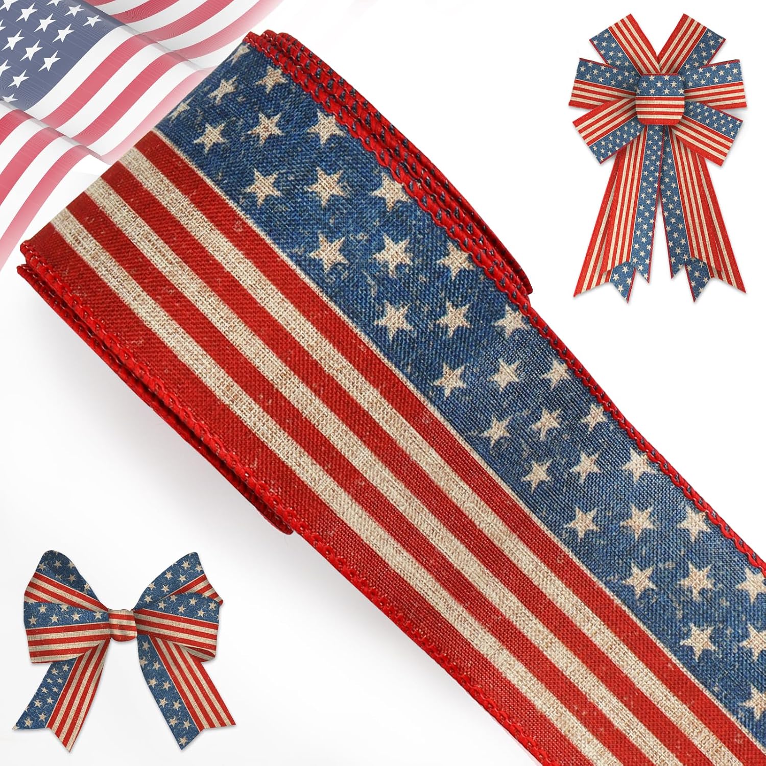 Veterans Day American Flag Wired Ribbon for Wreath Bows Patriotic Burlap Decorative Ribbon with Stars Stripes for Memorial Day DIY Crafts Gift Wrapping USA Independence Day Decor 2.5 Inch × 10 Yards