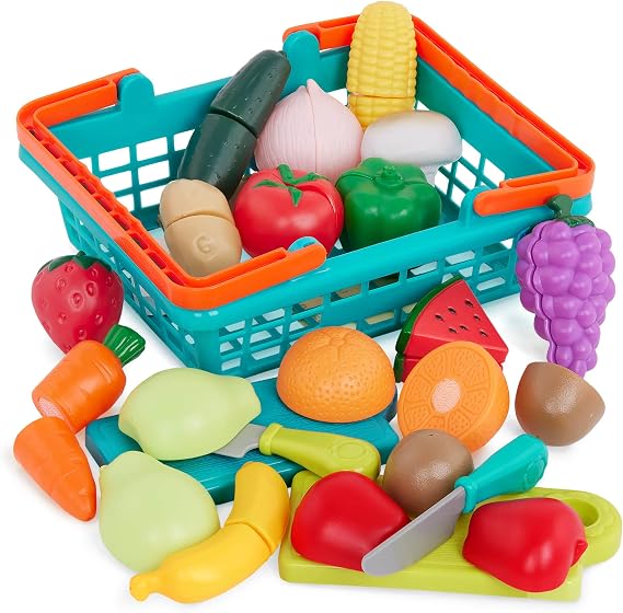 Battat Play Food Farmers Market Produce Basket, 37-Piece Green Set, Playset
