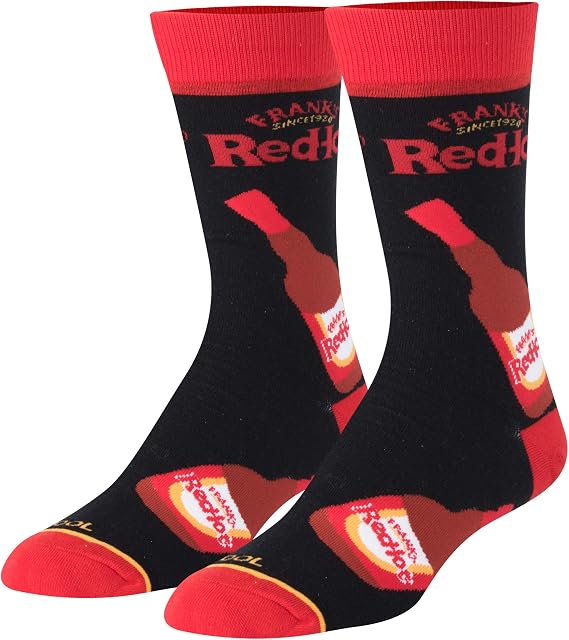 Cool Socks - Frank's Red Hot Bottles Spicy Crew Socks, Size Large | Officially Licensed. Soft Cotton Blend. Fits Men's 8-12 / Women's 9.5-13.5. All-Day Comfort. A fun surprise for sauce lovers.
