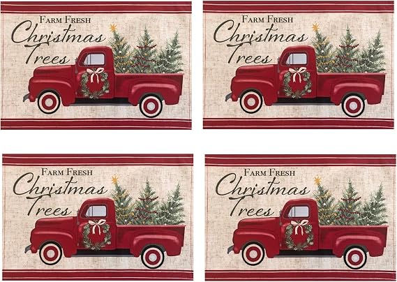 Newbridge Christmas Pine Hill Tree Farm Fresh Red Truck Set of 4 Fabric Placemats, Nostalgic Retro Holiday Country Farm Truck No Iron and Stain Resistant Placemats for Party, Banquet and Buffet