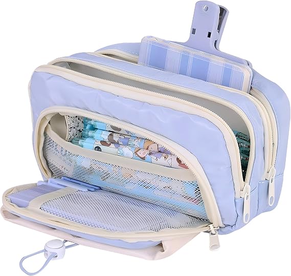 Large Pencil Pouch Big Pencil Case Big Capacity Aesthetic Pen Cosmetic Bag Pen Stationery Organizer Simple, College Office Home Travel Storage Bag (Blue)
