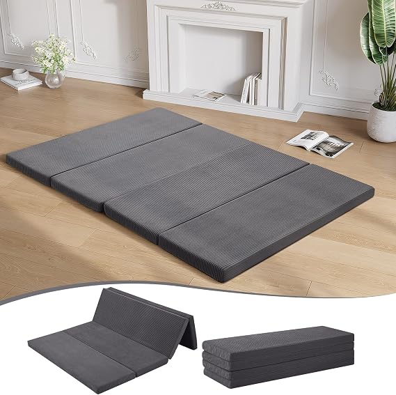 MeMoreCool Folding Foam Futon Mattress Queen, Foldable Japanese Floor Mattress, Sleeping Mat Pad for Adults Guests Sleepovers, 3 in Thick Tatami Mat Portable Shikibuton, Dark Grey