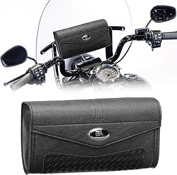 KEMIMOTO Motorcycle Windshield Bag PU Leather Windscreen Studded Pouch Windshield Tool Bag Compatible with Touring Road King Softail 1995-2025