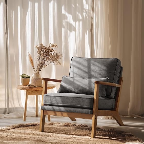 VINGLI Solid Wood Wide Armrests Accent Chair,Upholstered Mid Century Modern Chair with Pillow,Comfy Reading Chair Farmhouse Arm Chair,Chairs Living Room,Bedroom,Guest Room,Linen Fabric,Dark Grey