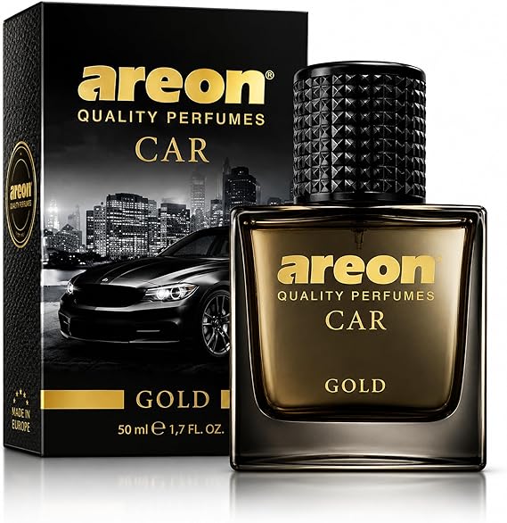 AREON Car Perfume Gold - Air Freshener in Glass Bottle - Luxury Odor Eliminator Spray with Absorber Hanging Pad - Unique Fragrance & Long-Lasting Aroma for Vehicle, Office, Home - Made in Europe, 50ml