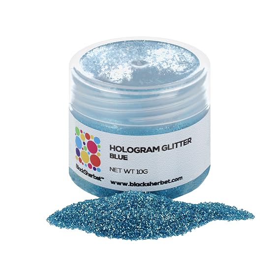 BlackSherbet Hologram Glitter (10 grams) for Gourmet Dessert, Cakes, Cupcakes, Decorating, Cookies, Cake Pops, Fondant (Blue) | Blue hologram glitter in a 10g size, suitable for decorative use on cakes, cupcakes, cookies, cake pops, and fondant.