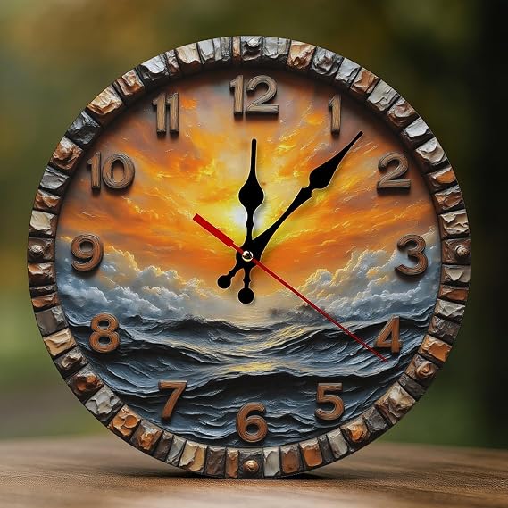 Decorative Wall Clocks Battery Operated 10 Inch - Modern Wooden Sunset Ocean Glow 2D Print Non Ticking Silent Wall Clocks for Living Room Bedroom Office Kitchen Hotel Bathroom Decor