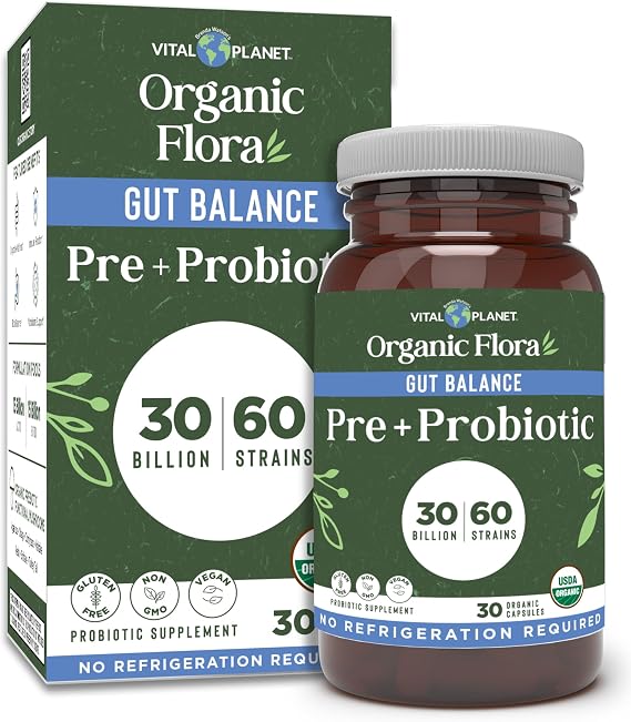 Vital Planet - Organic Flora Probiotics for Gut Health Balance, Shelf Stable Probiotic 30 Billion CFU, 60 Diverse Strains, Prebiotic Organic Mushroom Blend for Immune and Digestive Support 30 Capsules